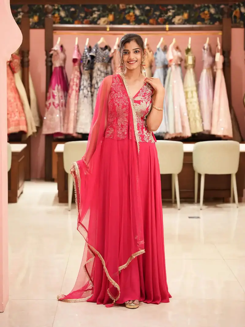 Queen Pink Floral Embroidered Georgette Palazzo Suit 1