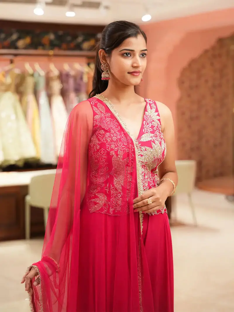 Queen Pink Floral Embroidered Georgette Palazzo Suit 2