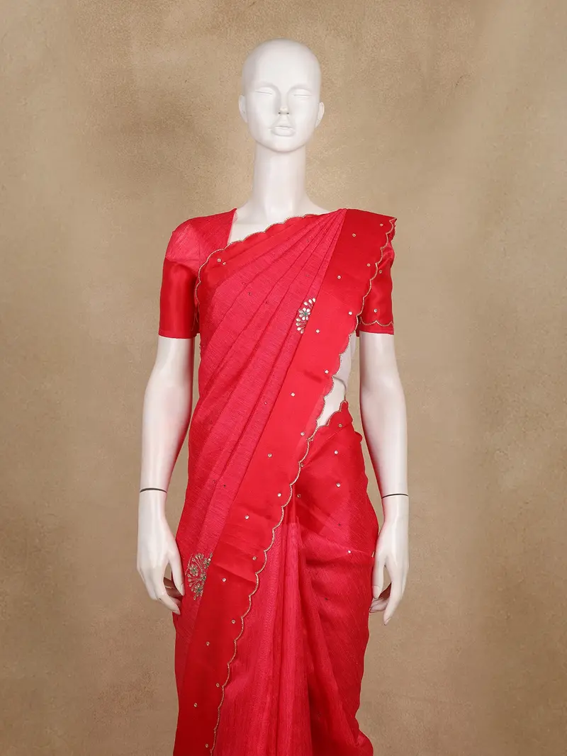 Queen Pink Floral Embroidered Raw Silk Saree 2