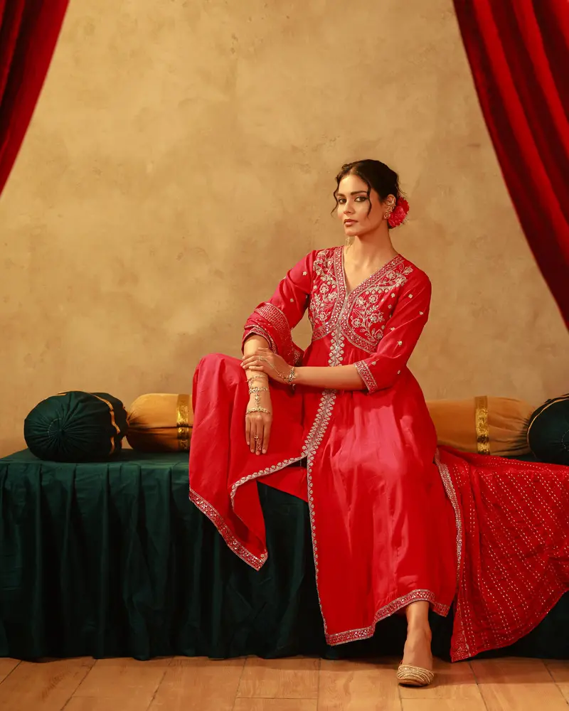 Queen Pink Floral Embroidered Silk Palazzo Suit And Dupatta 2