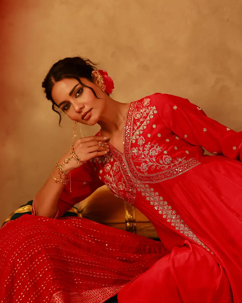 Queen Pink Floral Embroidered Silk Palazzo Suit And Dupatta 5