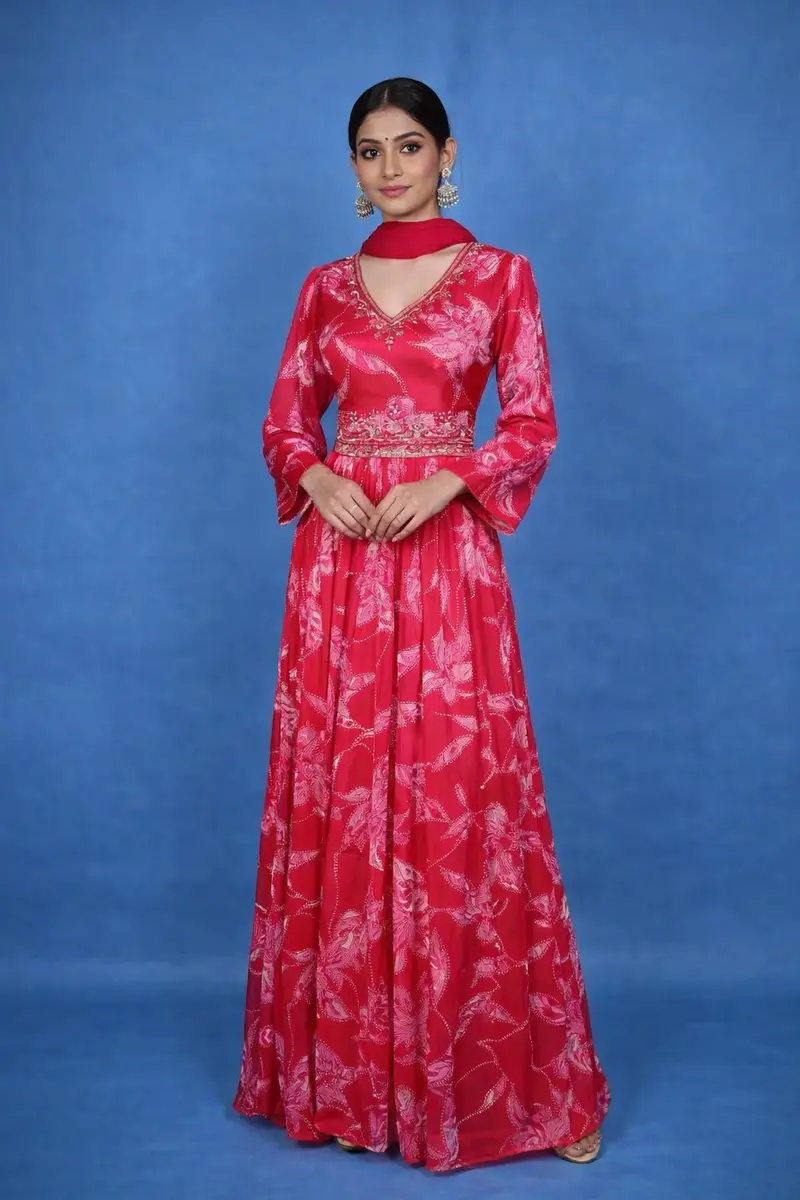 Queen Pink Floral Embroidery Crepe Gown 1
