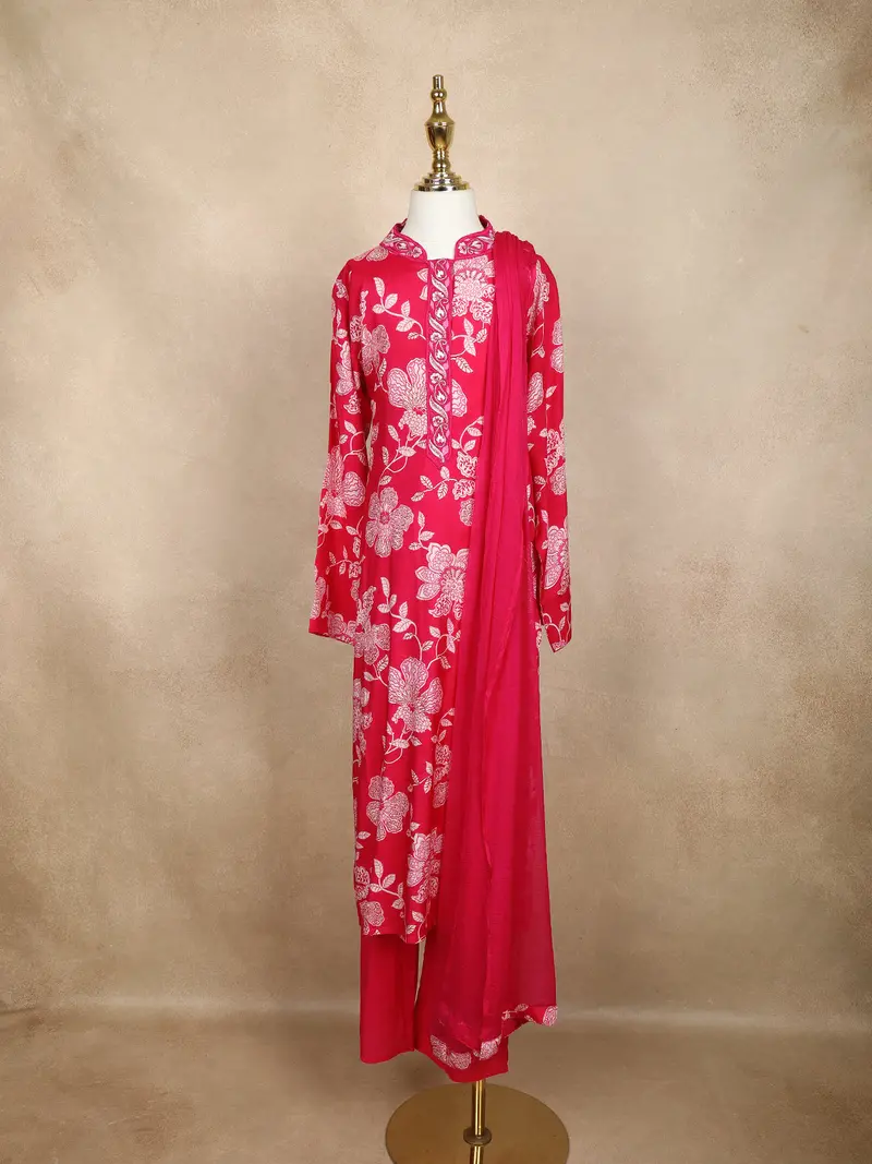 Queen Pink Floral Printed Cotton Kids Salwar Suit With Dupatta 1