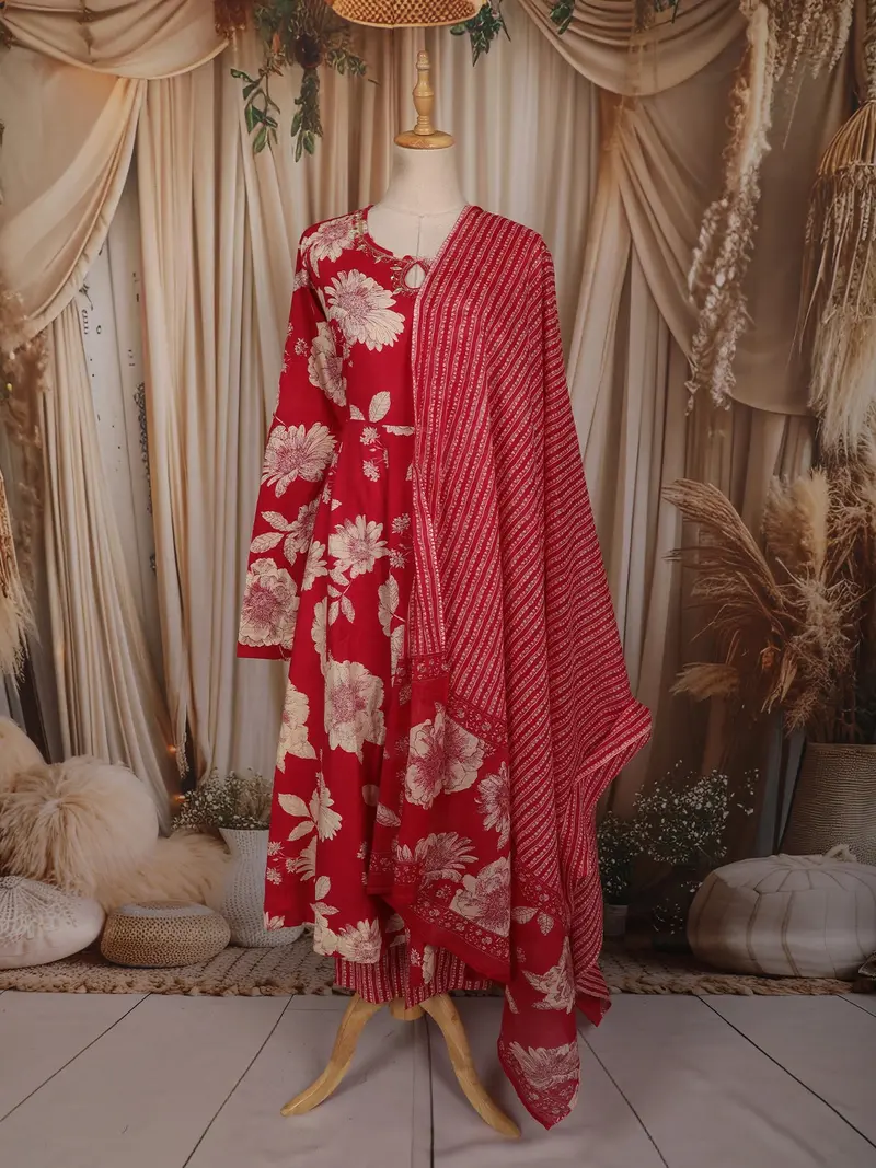 Queen Pink Floral Printed Design Cotton Anarkali Salwar Suit With Dupatta 1