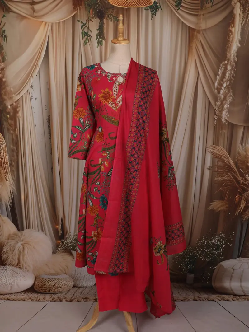 Queen Pink Floral Printed Design Cotton Anarkali Salwar Suit With Dupatta 1