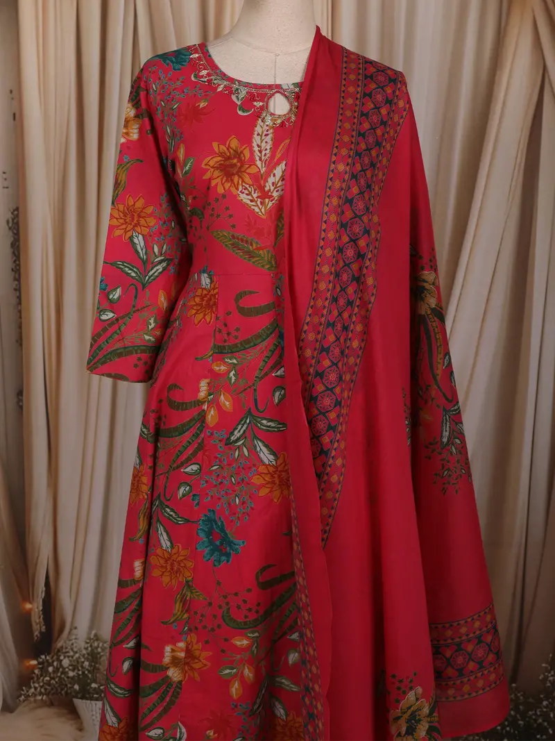 Queen Pink Floral Printed Design Cotton Anarkali Salwar Suit With Dupatta 2