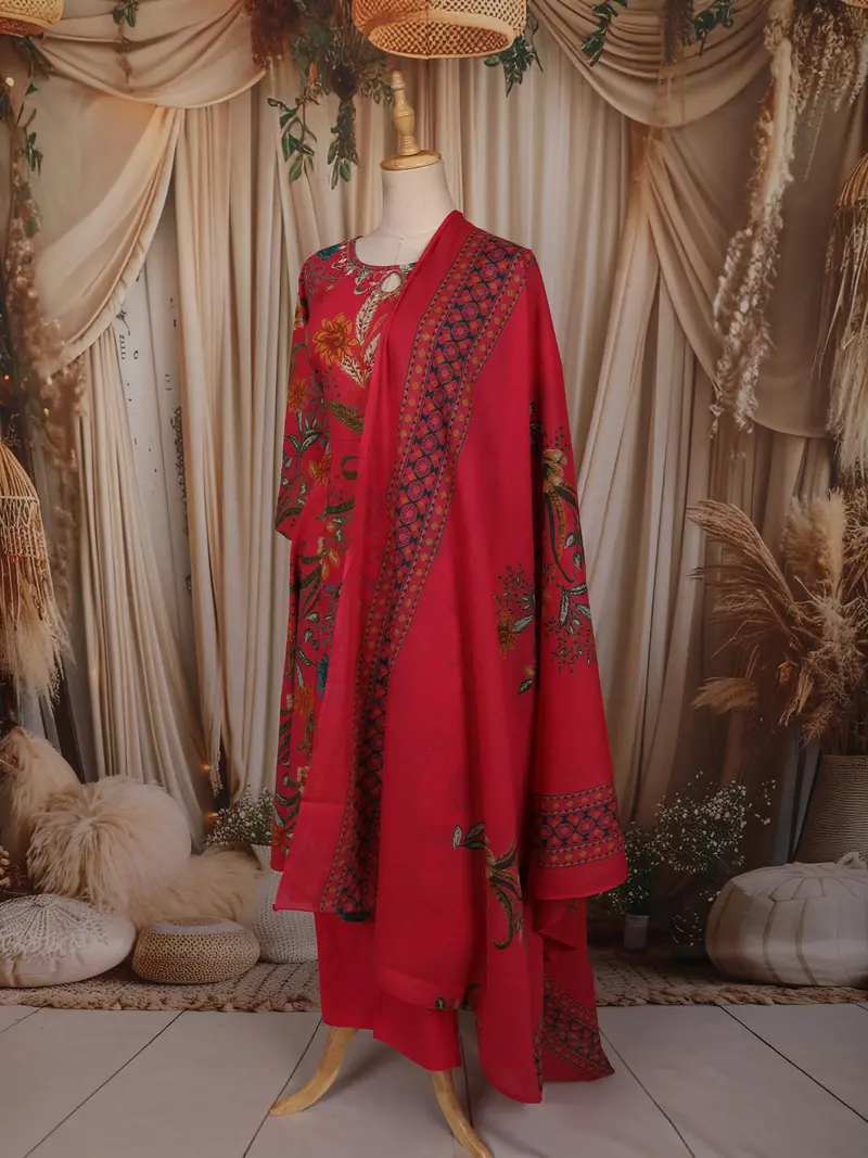 Queen Pink Floral Printed Design Cotton Anarkali Salwar Suit With Dupatta 3