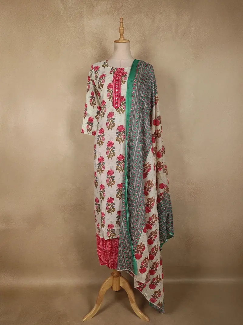 Queen Pink Floral Printed Design Cotton Straight Cut Salwar Suit With Dupatta 1