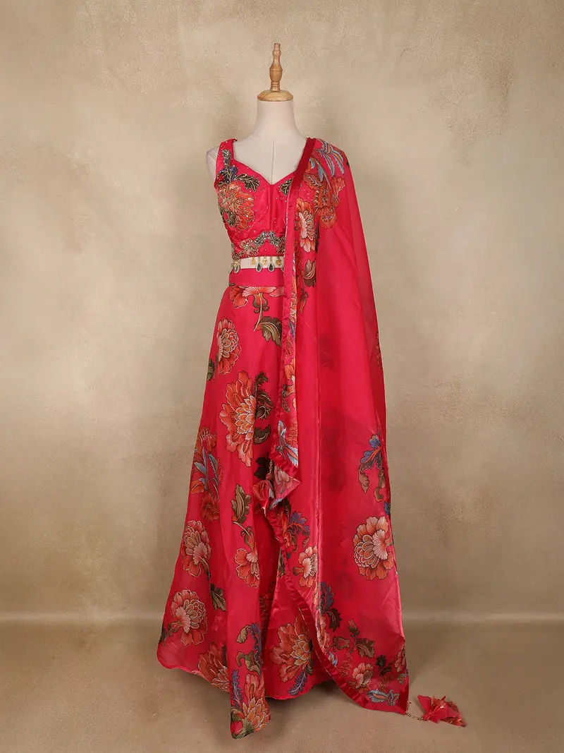 Queen Pink Floral Printed Design Organza Lehenga With Dupatta 1