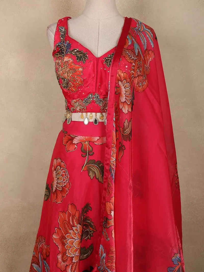 Queen Pink Floral Printed Design Organza Lehenga With Dupatta 2