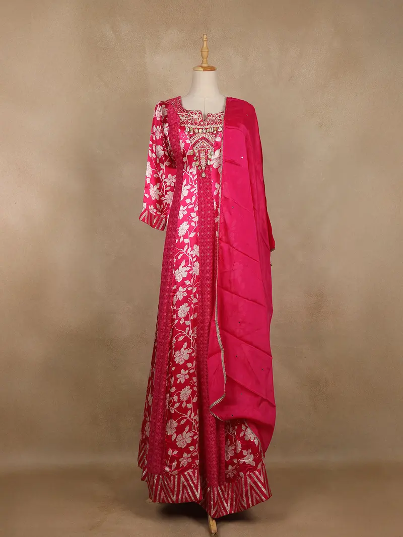 Queen Pink Floral Printed Satin Gown With Mirror Work Yoke And Dupatta 1