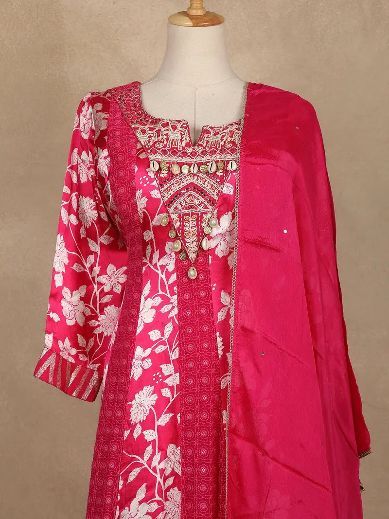 Queen Pink Floral Printed Satin Gown With Mirror Work Yoke And Dupatta 2