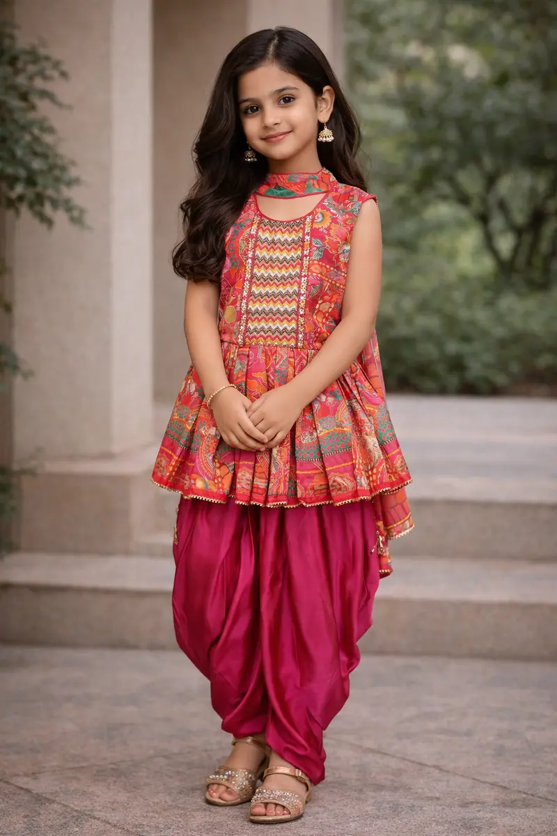 Queen Pink Floral Printed Satin Kids Patiala Salwar Suit With Dupatta 1