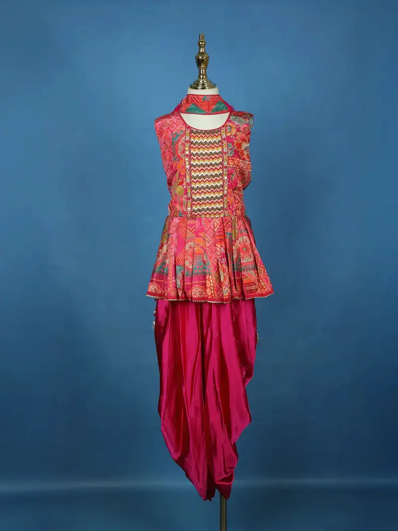 Queen Pink Floral Printed Satin Kids Patiala Salwar Suit With Dupatta 2