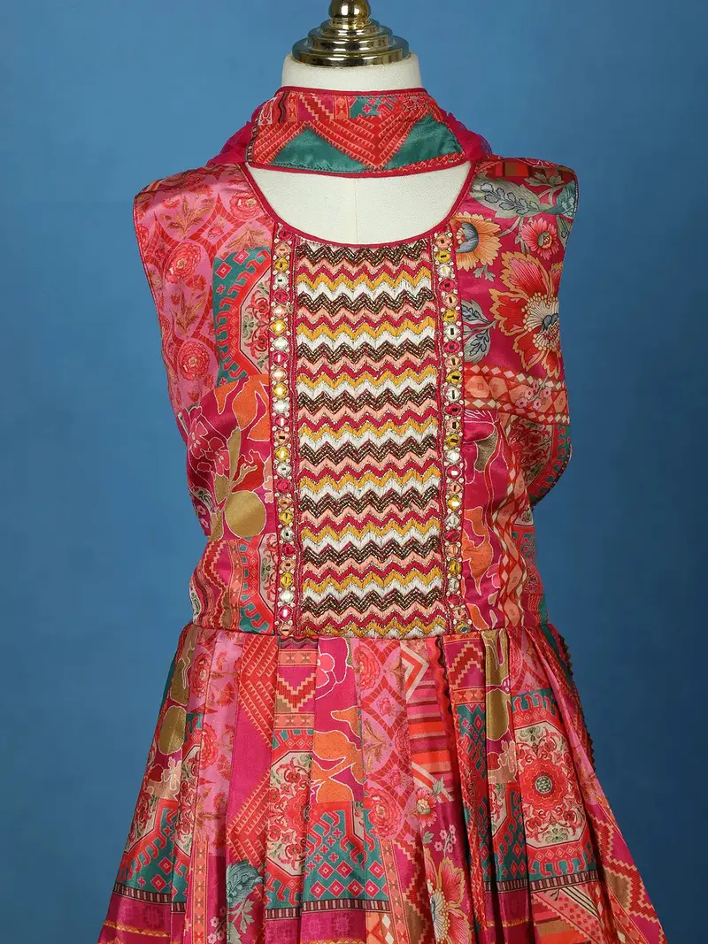 Queen Pink Floral Printed Satin Kids Patiala Salwar Suit With Dupatta 3