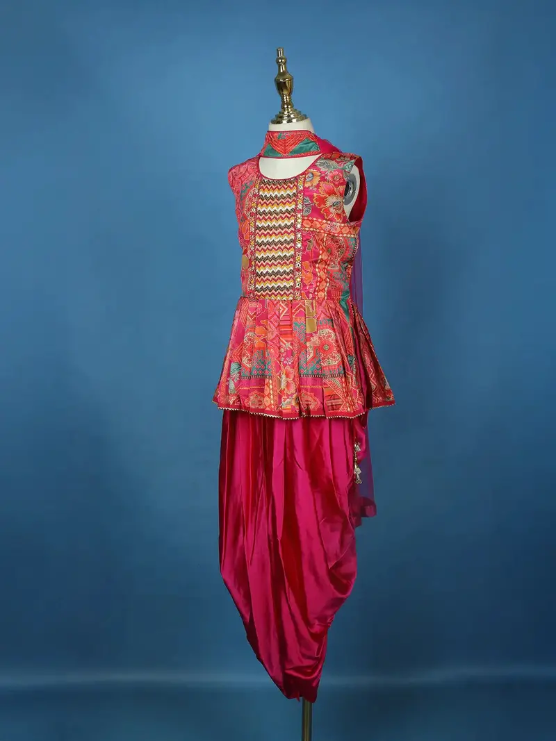Queen Pink Floral Printed Satin Kids Patiala Salwar Suit With Dupatta 4