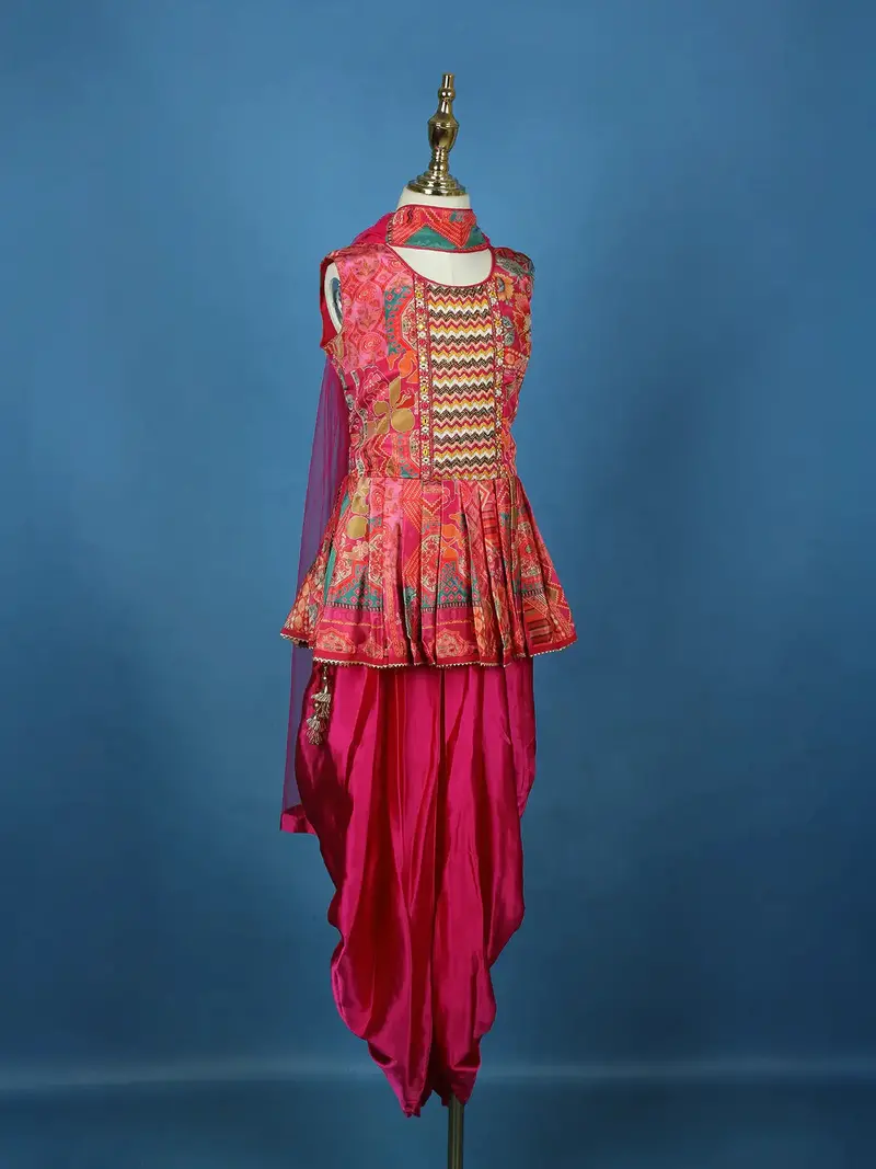 Queen Pink Floral Printed Satin Kids Patiala Salwar Suit With Dupatta 5