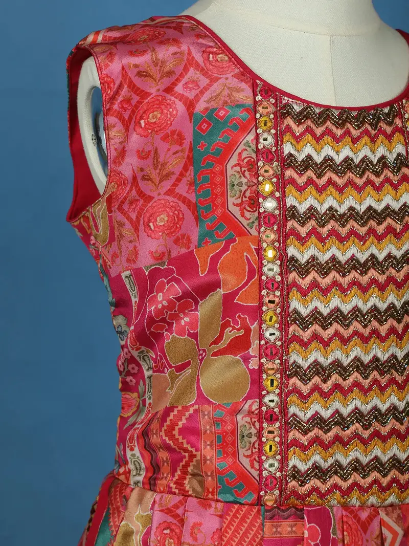 Queen Pink Floral Printed Satin Kids Patiala Salwar Suit With Dupatta 7