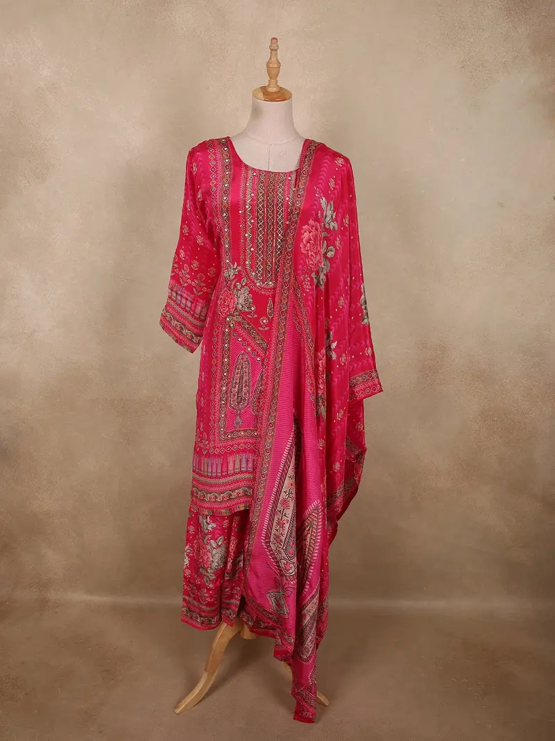 Queen Pink Floral Sequins And Beads Embroidered Design Crepe Palazzo Suit 1