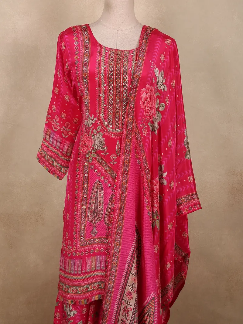 Queen Pink Floral Sequins And Beads Embroidered Design Crepe Palazzo Suit 2