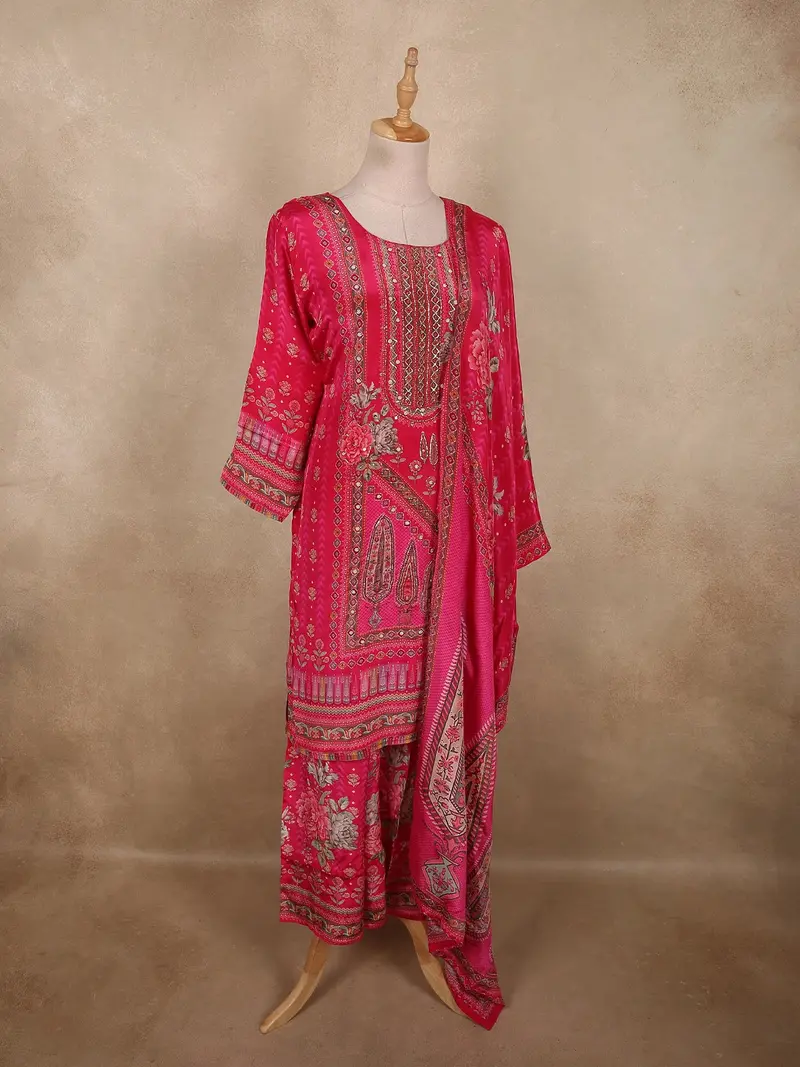 Queen Pink Floral Sequins And Beads Embroidered Design Crepe Palazzo Suit 4