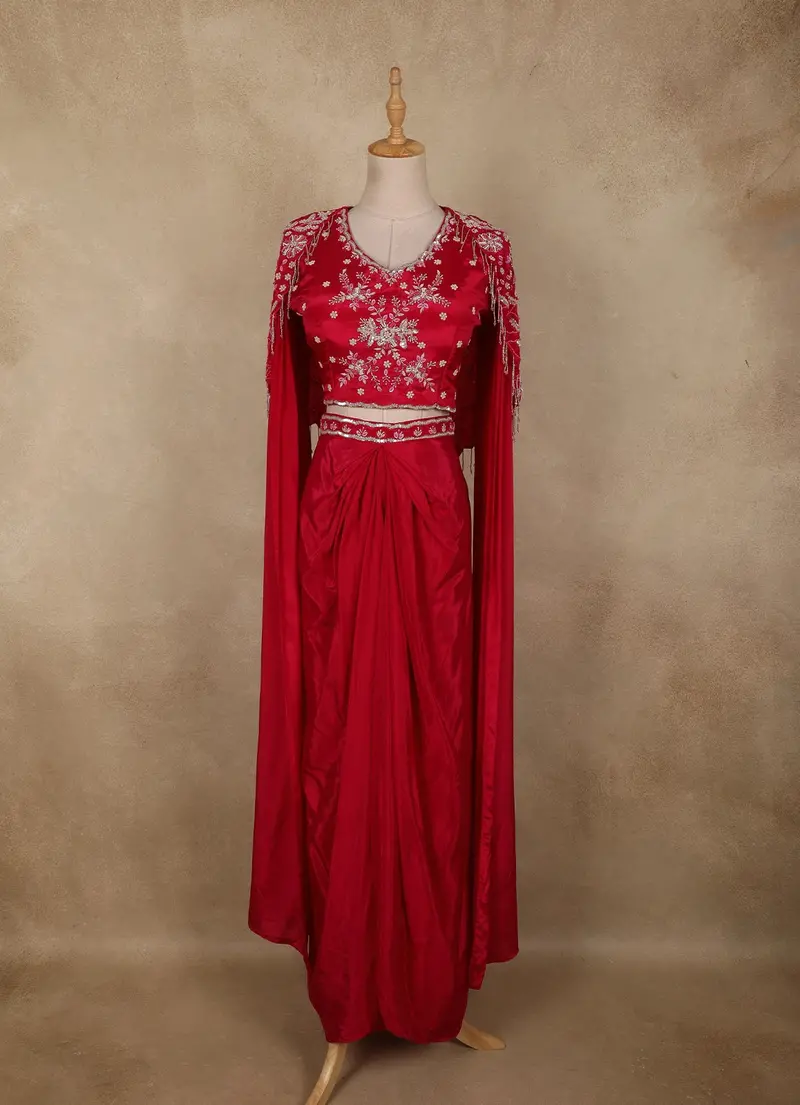 Queen Pink Floral Sequins And Beads Embroidered Design Crepe Silk Skirt Top 1