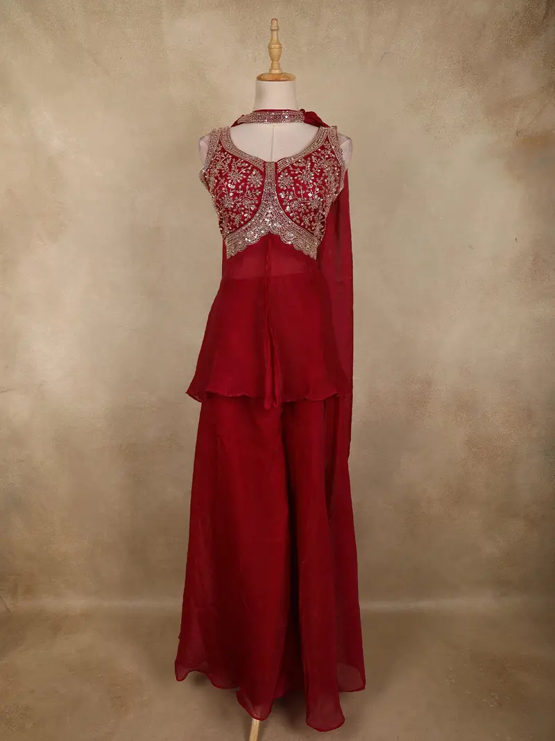 Queen Pink Floral Sequins And Beads Embroidered Design Organza Palazzo Suit With Dupatta 1