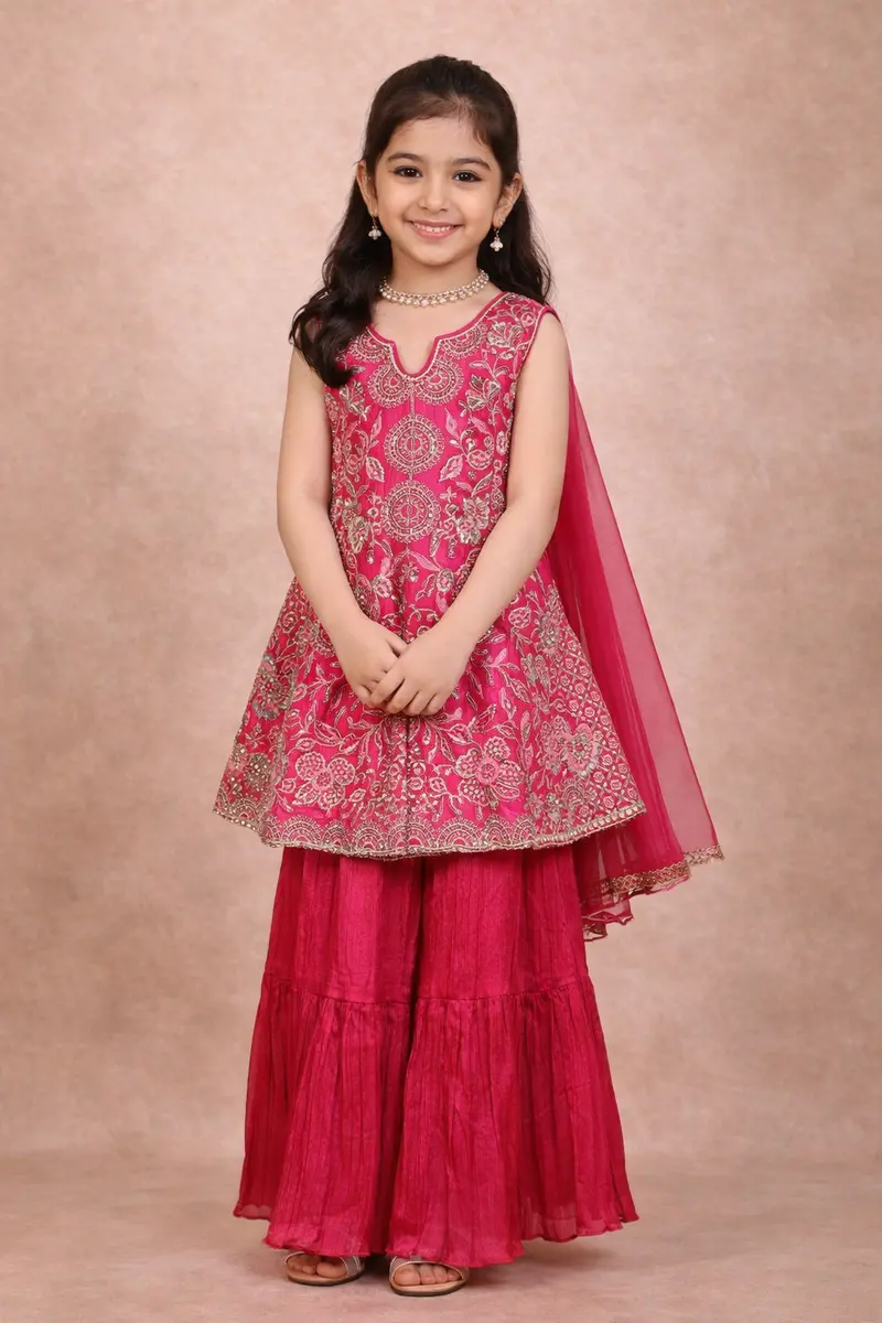 Queen Pink Floral Sequins And Thread Embroidered Design Silk Kids Sharara Suit With Dupatta 1
