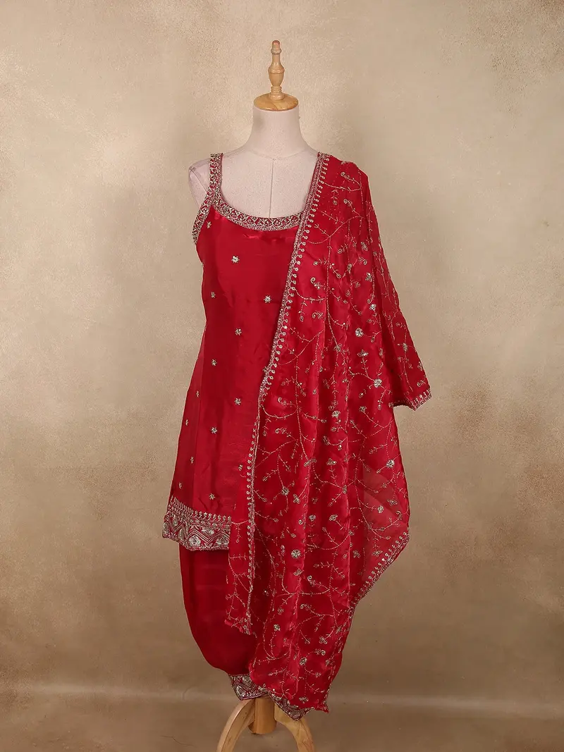 Queen Pink Floral Sequins And Zari Embroidered Design Satin Palazzo Suit With Dupatta 1