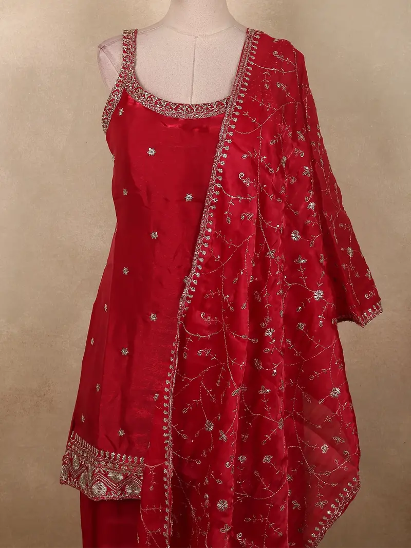 Queen Pink Floral Sequins And Zari Embroidered Design Satin Palazzo Suit With Dupatta 2