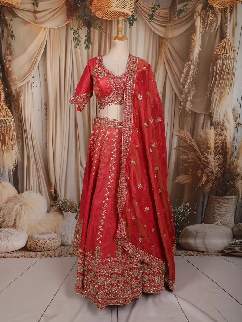 Queen Pink Floral Sequins And Zari Embroidered Design Tissue Silk Designer Lehenga With Dupatta 1