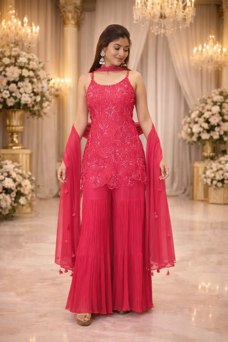 Queen Pink Floral Sequins Design Georgette Sharara Set 1