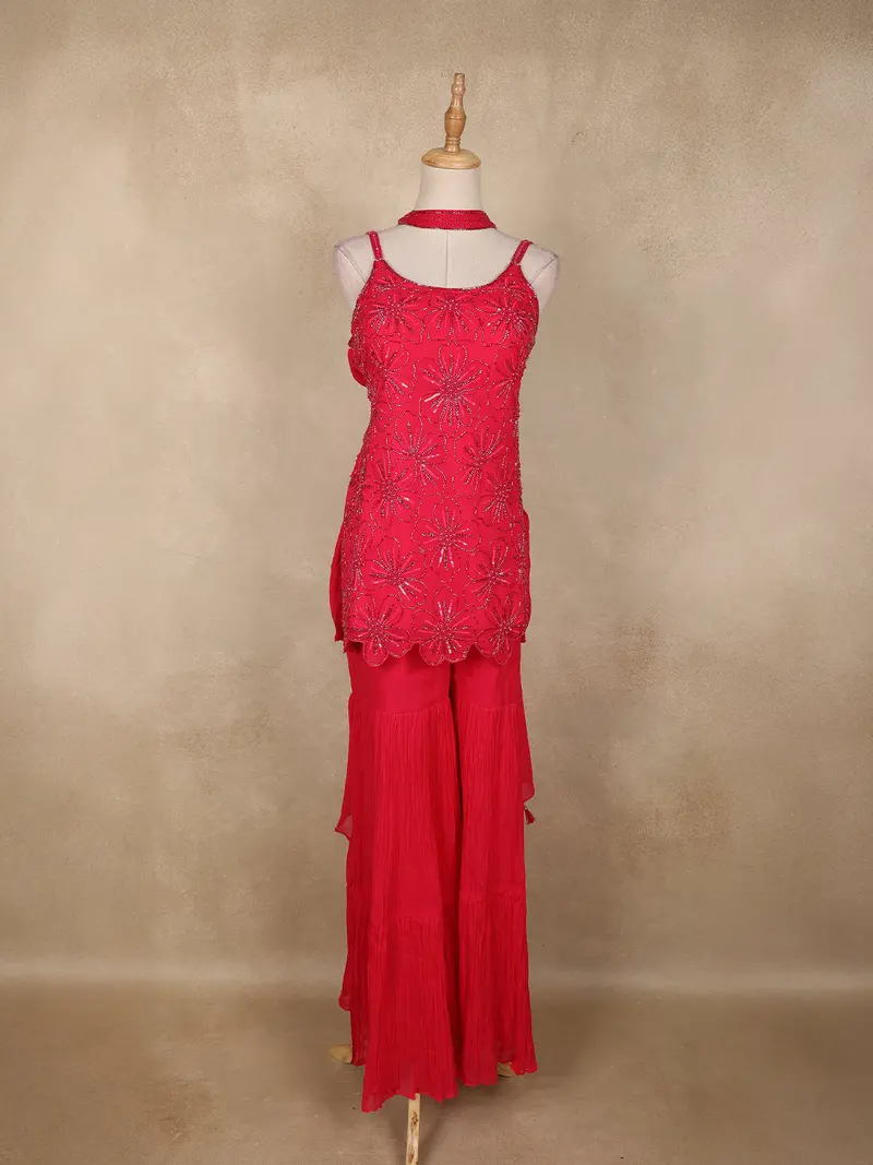 Queen Pink Floral Sequins Design Georgette Sharara Set 2