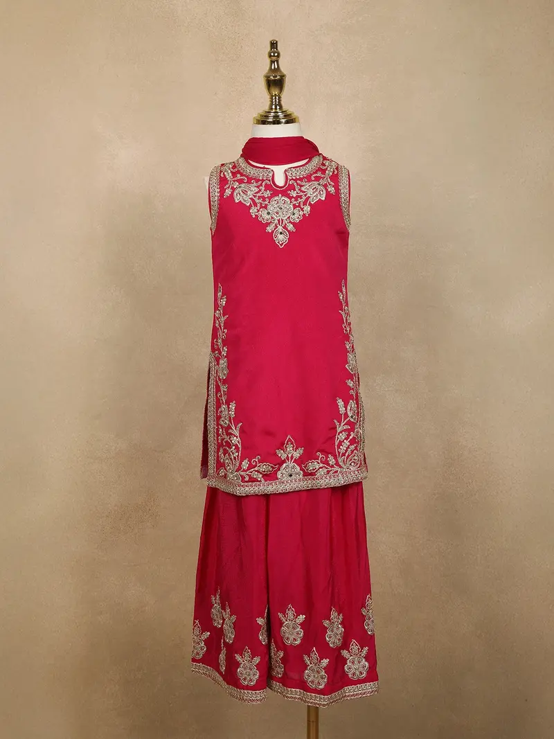 Queen Pink Floral Thread And Beads Embroidered Design Georgette Kids Palazzo Suit 1
