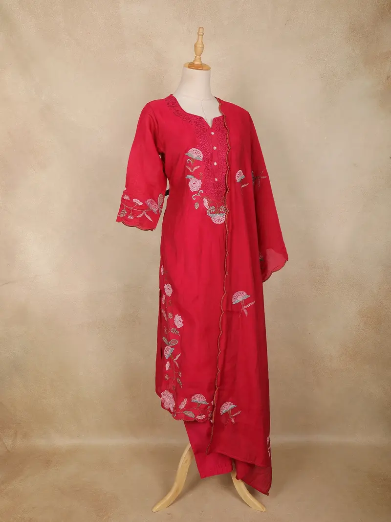 Queen Pink Floral Thread Embroidered Cotton Salwar Suit With Dupatta 4