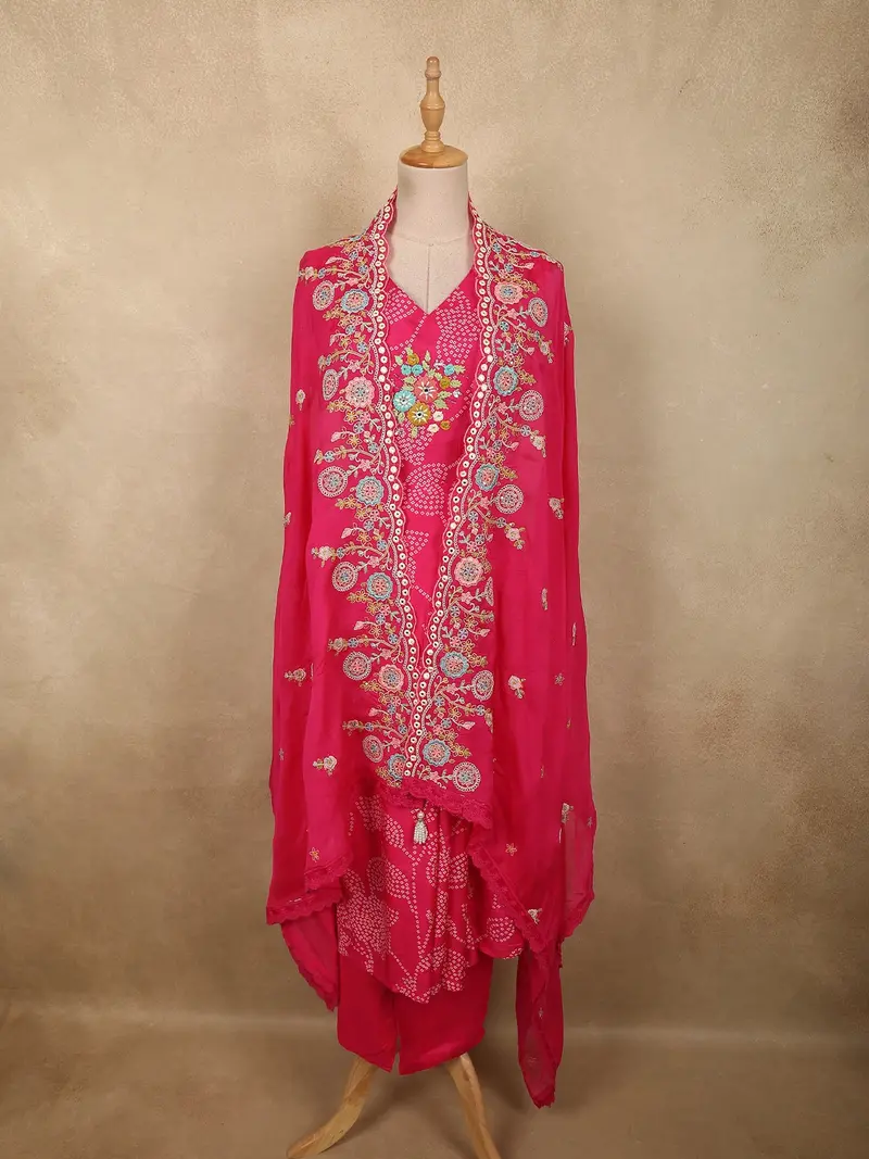 Queen Pink Floral Thread Embroidered Design Crepe Silk Salwar Suit With Over Coat 1