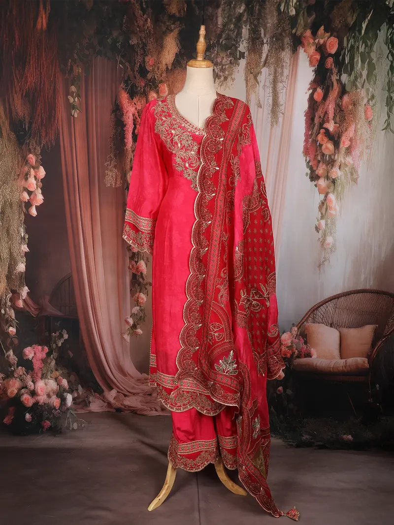 Queen Pink Floral Zari Embroidered Design Synthetic Palazzo Suit 1