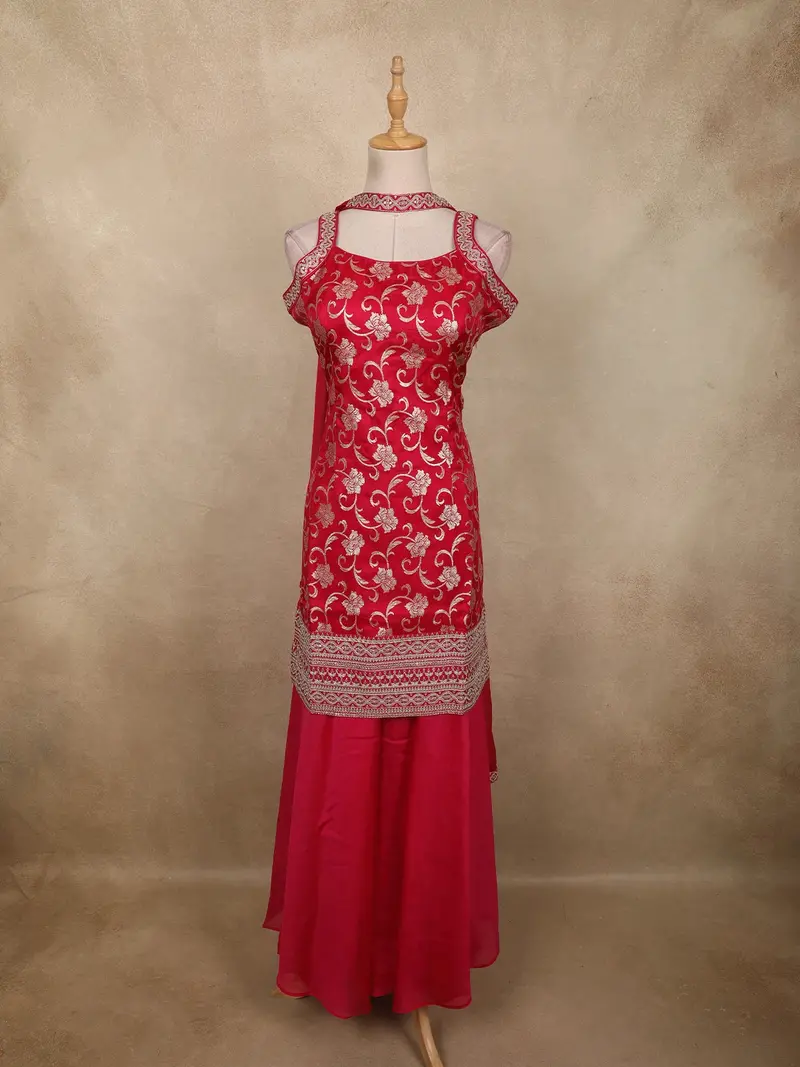 Queen Pink Floral Zari Woven Design Banarasi Silk Palazzo Suit With Choker Dupatta 1