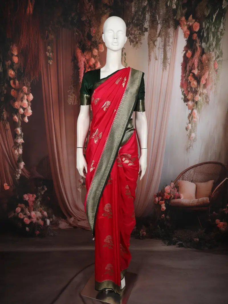 Queen Pink Floral Zari Woven Design Semi Banarasi Silk Saree With Contrast Zari Border 1