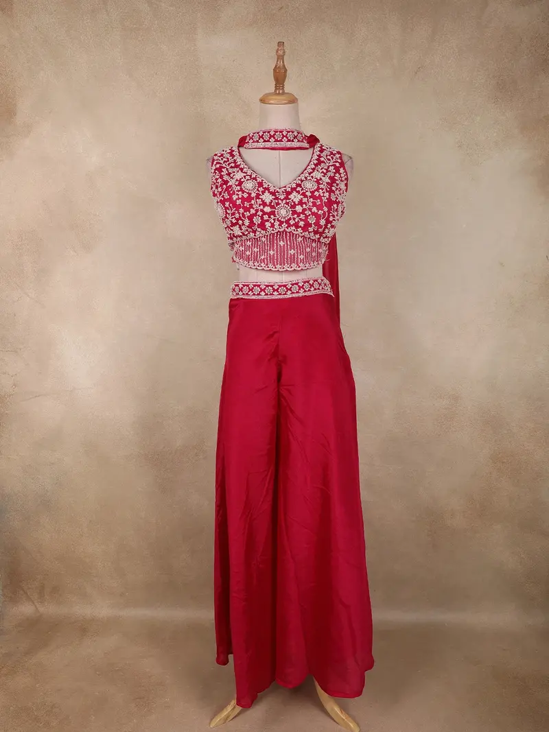 Queen Pink Heavy Sequins And Beads Embroidered Design Georgette Palazzo Suit With Dupatta 1