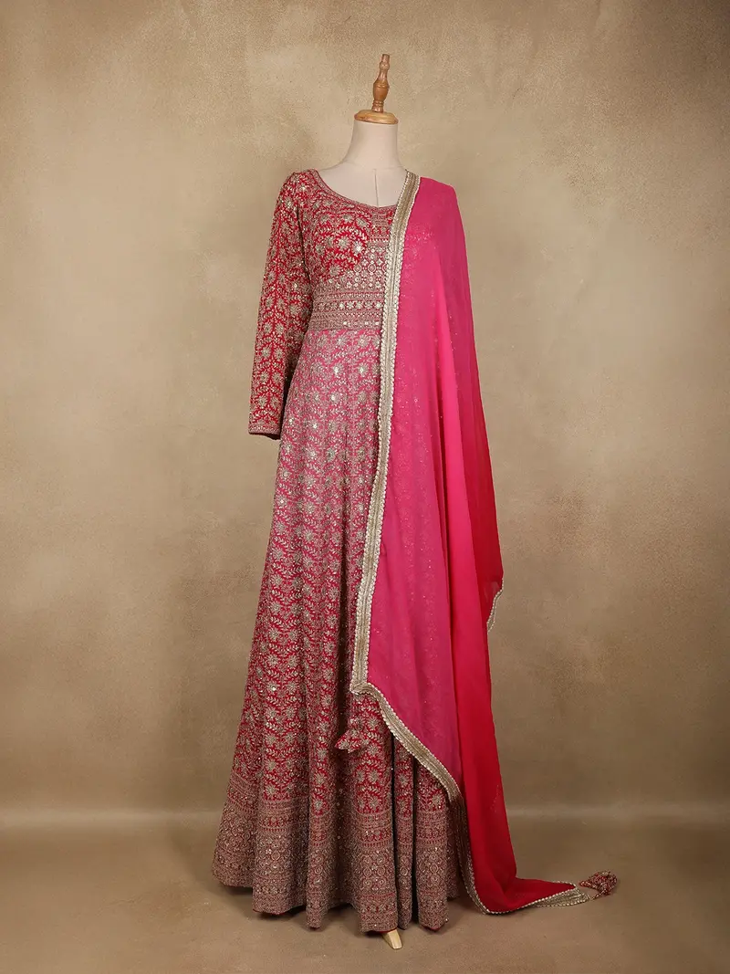 Queen Pink Heavy Sequins And Zari Embroidered Georgette Gown With Dupatta 1