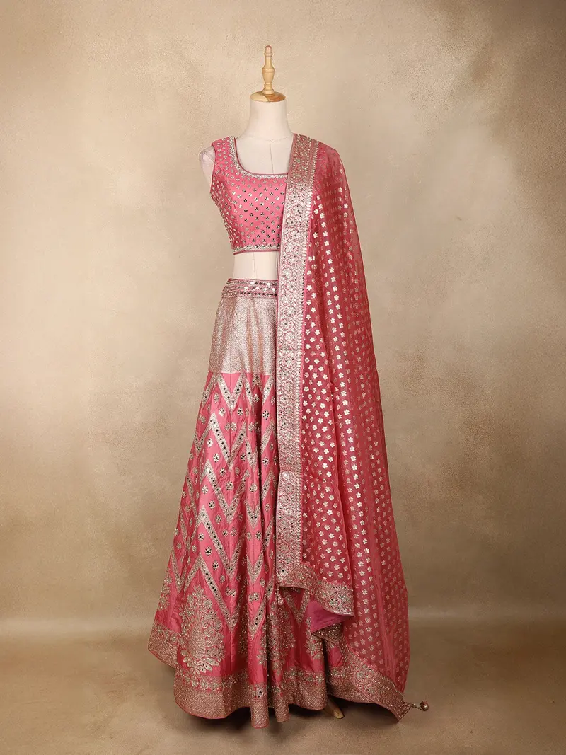 Queen Pink Mirror Work Banarasi Silk Lehenga Set With Dupatta 1