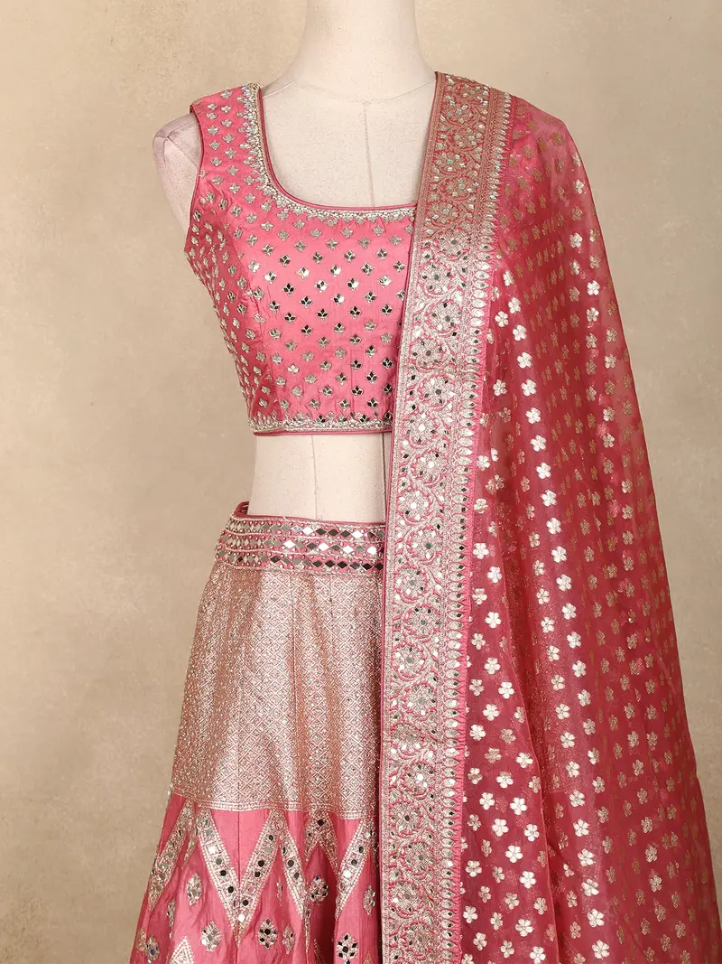 Queen Pink Mirror Work Banarasi Silk Lehenga Set With Dupatta 2