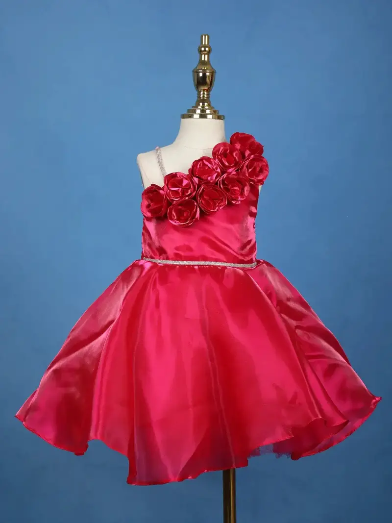 Queen Pink One-Shoulder Organza Kids Party Frock With 3D Floral Appliqué 1