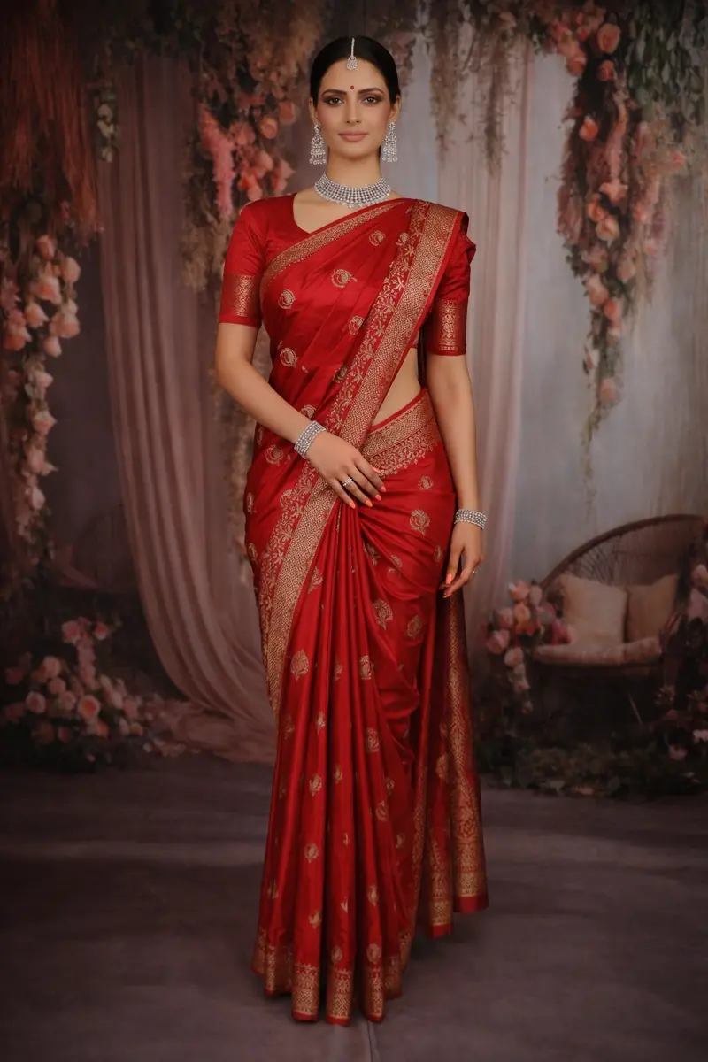 Queen Pink Peacock Butta Zari Woven Design Crepe Silk Fancy Saree 1