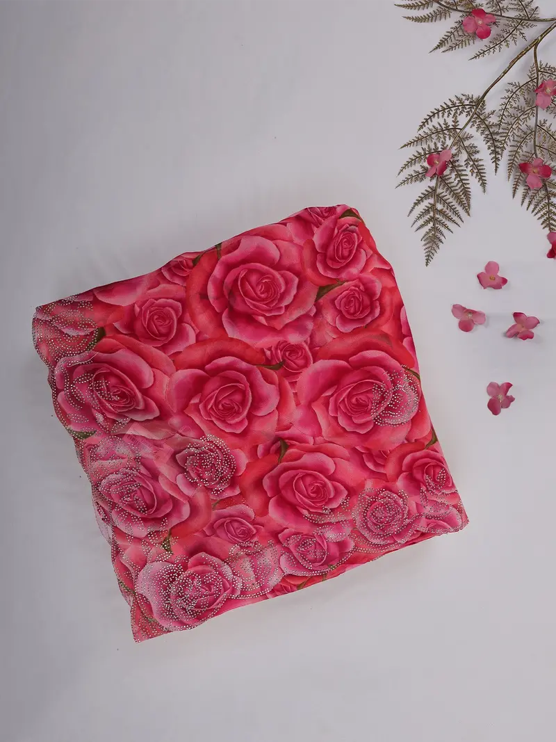 Queen Pink Rose Floral Printed Chiffon Saree With Stone Embellished Scallop Border 1