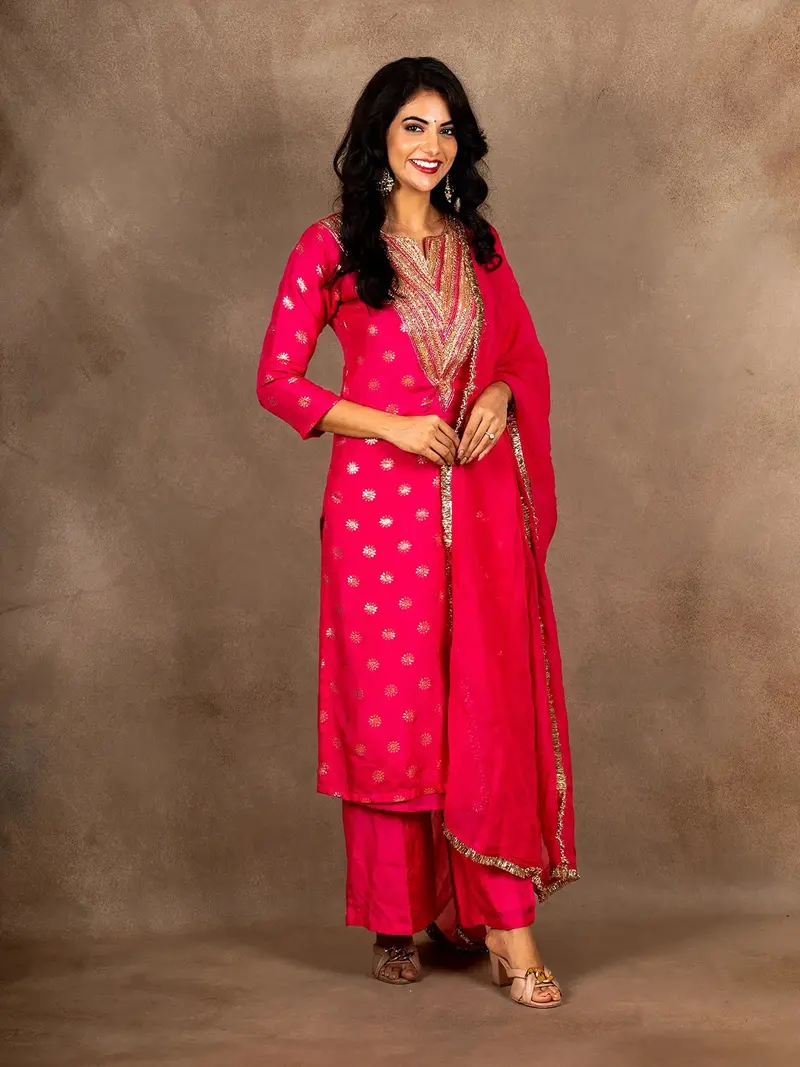 Queen Pink Sequence Embroidered Banarasi Silk Palazzo Salwar Suit 1