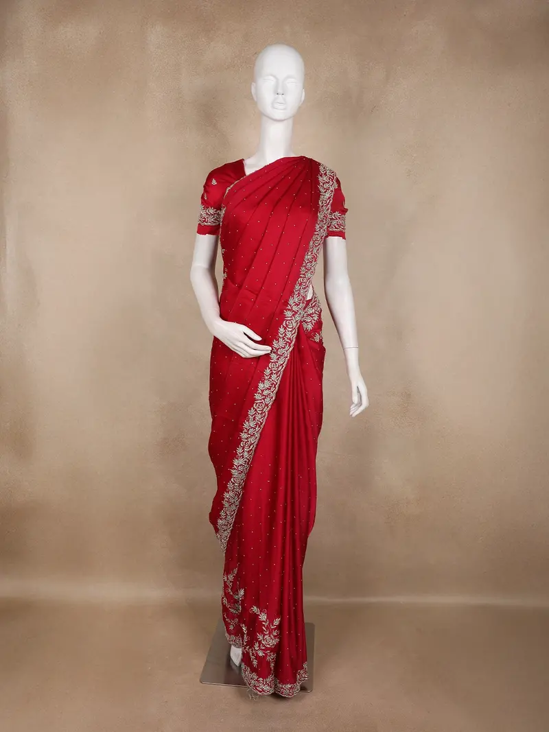Queen Pink Sequins And Beads Embroidered Design Satin Party Wear Saree 1