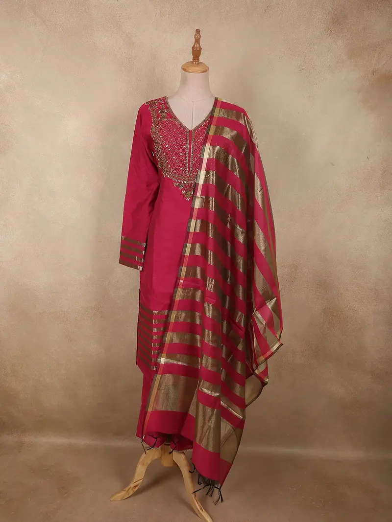 Queen Pink Sequins Embroidered Design Tissue Silk Palazzo Suit With Dupatta 1