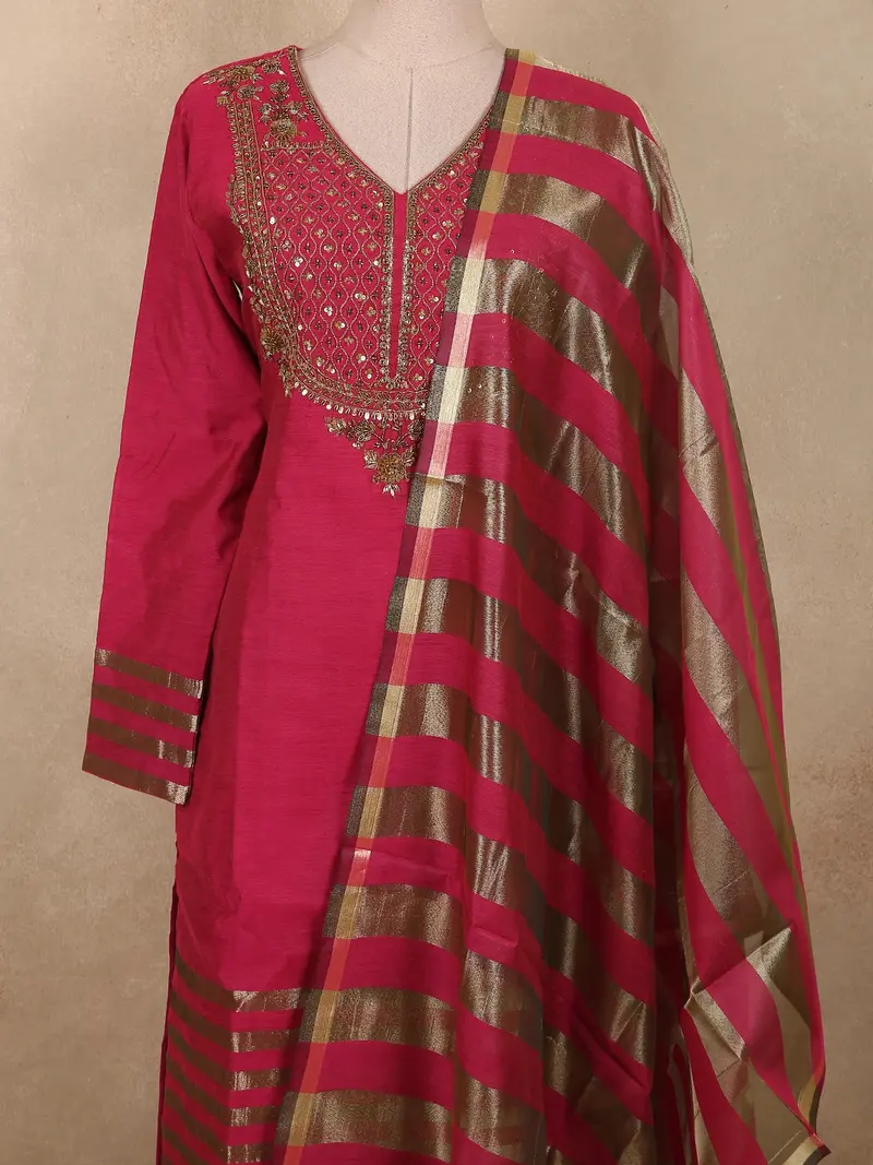 Queen Pink Sequins Embroidered Design Tissue Silk Palazzo Suit With Dupatta 2